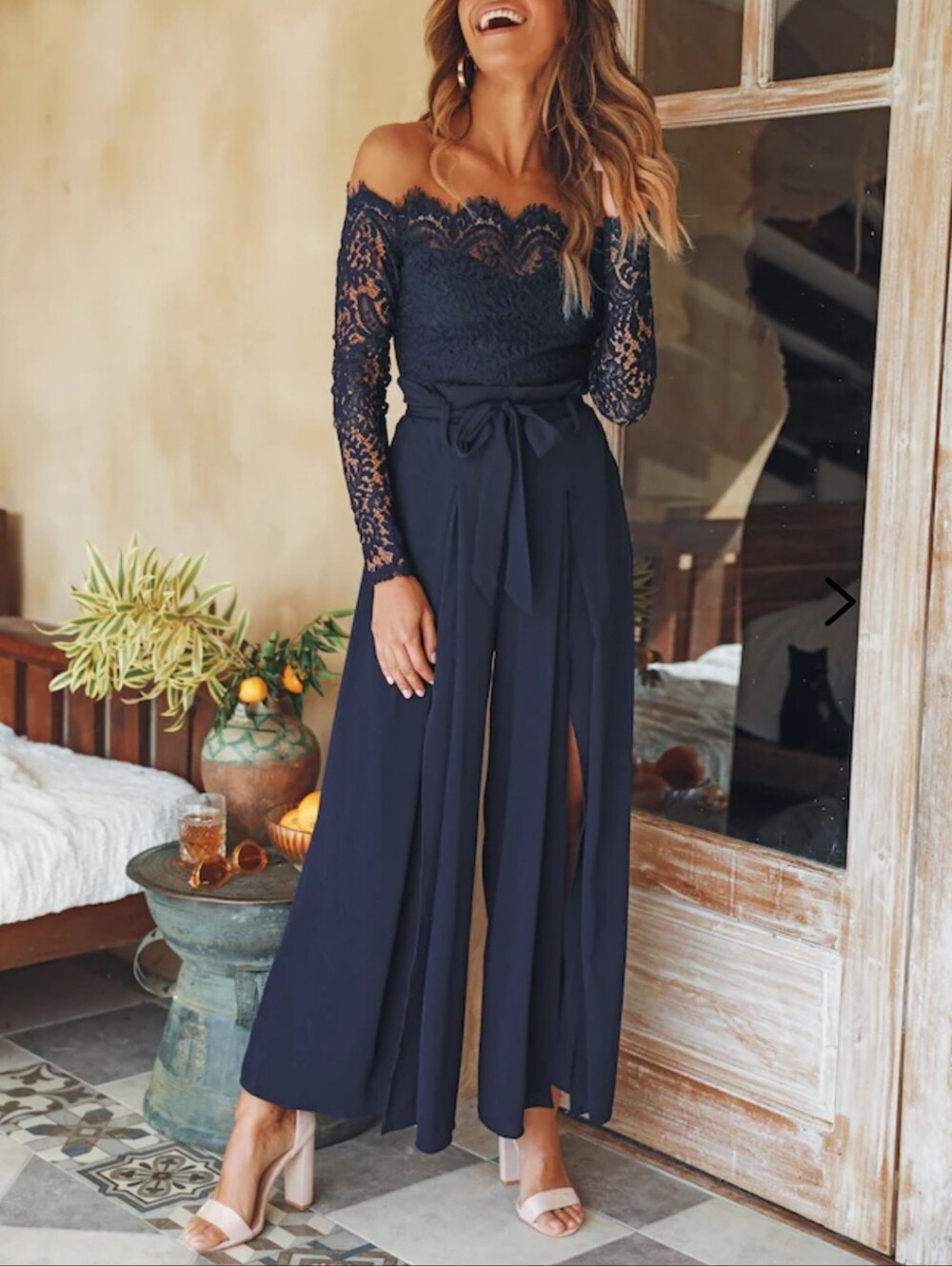 Hello Molly Navy Lace Off-Shoulder Wide-Leg Jumpsuit